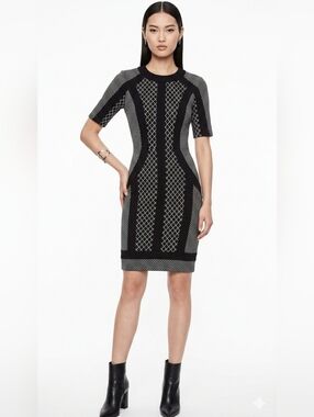 BCBG Max Azria NWT Black Geometric Knit Bodycon Dress XXS Short Sleeve Sheath